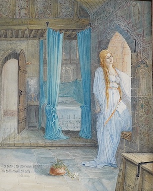 Pre-Raphaelite School, watercolour, Study of a robed woman in an interior, monogrammed WHW and dated 1900, inscribed 'He glance not up, nor waved his hand nor bade farewell but sadly rode away', mounted, 33 x 26cm, unfra